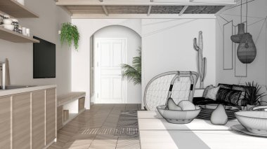 Mimar iç mimar konsepti: Bitmemiş bir proje gerçek oluyor, İskandinav etnik yemek odası, mutfak. Koltuk, yemek masası, sandalyeler. Saksı bitkileri. Modern tasarım kavramı