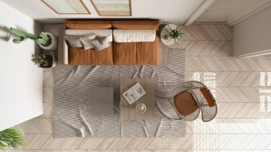 İskandinav etnik turuncu ve ahşap oturma odası. Kanepe, sehpa, yastıklı tahta koltuk, halı. Sulu bitkiler. Modern iç tasarım konsepti, üst görünüm, plan, yukarıda