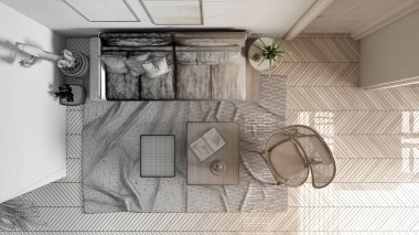 Mimari iç mimar konsepti: tamamlanmamış bir proje gerçek, İskandinav etnik oturma odası haline geliyor. Koltuk, sehpa, koltuk, halı. Lezzetli. Üst görünüm, plan, yukarıda