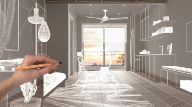 Ringbone parke zemin, beyaz duvarlar, el çizimi özel mimari tasarımı, beyaz mürekkep çizimi, modern mutfak tasarımını gösteren taslak.