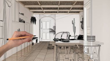 Ringbone parke zemin, beyaz duvarlar, el çizimi özel mimari tasarımı, siyah mürekkep çizimi, modern mutfak tasarımını gösteren taslak.