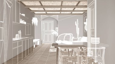 Parke zemin ve büyük panoramik pencere, özel mimari tasarım projesi, beyaz mürekkep çizimi, mutfak, yemek, oturma odası, iç tasarım,