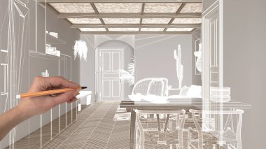 Ringbone parke zemin, beyaz duvarlar, el çizimi özel mimari tasarımı, beyaz mürekkep çizimi, modern mutfak tasarımını gösteren taslak.