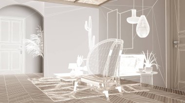 Parke zeminli boş beyaz iç döşeme, özel mimari tasarım projesi, beyaz mürekkep çizimi, ahşap koltuklu oturma odasını gösteren plan, halı ve kanepe, iç tasarım