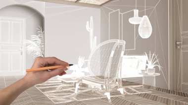Ringbone parke zemin, beyaz duvarlar, el çizimi özel mimari tasarımı, beyaz mürekkep çizimi, modern oturma odası tasarımını gösteren plan