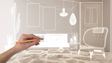 Ringbone parke zemin, beyaz duvarlar, el çizimi özel mimari tasarımı, beyaz mürekkep çizimi, modern oturma odası tasarımını gösteren plan