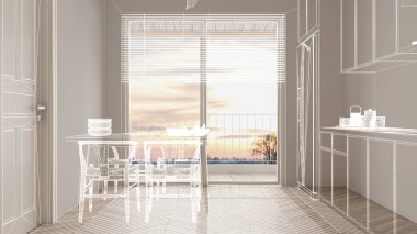 Parke zemin ve büyük panoramik pencere, özel mimari tasarım projesi, beyaz mürekkep çizimi, mutfak, yemek, oturma odası, iç tasarım,