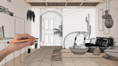 Ringbone parke zemin, beyaz duvarlar, el çizimi özel mimari tasarımı, siyah mürekkep çizimi, modern mutfak tasarımını gösteren taslak.