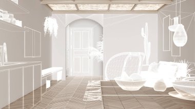 Parke zeminli boş beyaz iç döşeme, özel mimari tasarım projesi, beyaz mürekkep çizimi, ahşap koltuklu ve yemek masalı oturma odasını gösteren plan, iç tasarım.