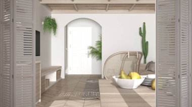 Beyaz katlanır kapı etnik İskandinav mutfağı ve yemek odası, kanepe, halı, saksı bitkileri ve dekorlar, iç tasarım, mimar tasarım konsepti, bulanık arkaplan