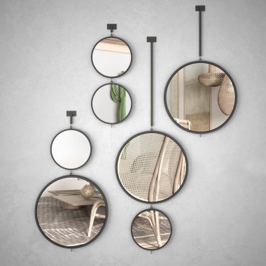 Duvarda asılı yuvarlak aynalar iç tasarım sahnesini yansıtıyor, İskandinav oturma odası kanepe, sehpa, halı ve koltuk, modern mimari konsept fikri