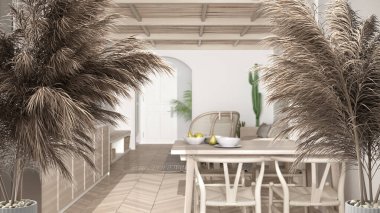 Çakıl taşları, kuru bitkiler, süs, kulaklar, çarşaf, vazo dalları yemek masası olan ahşap ve beyaz İskandinav mutfağı, modern iç tasarım