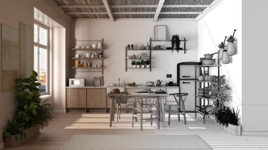 Mimari iç mimar konsepti: Bitmemiş proje gerçeğe dönüşüyor, eko köy mutfağı, sürdürülebilir parke, yemek masası, bambu tavan. Doğal geri dönüşümlü mimari