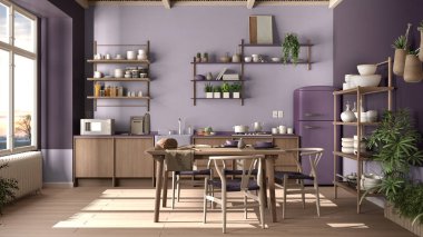 Köy mutfağı, menekşe rengi eko iç tasarım, sürdürülebilir parke döşeme, yemek masası, sandalyeler, ahşap raflar ve bambu tavan. Doğal geri dönüşümlü mimari kavramı