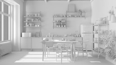 Mutfak, ekolojik tasarım, sürdürülebilir parke döşeme, yemek masası, sandalyeler, ahşap raflar, bambu tavan. Doğal geri dönüşümlü mimari kavramı