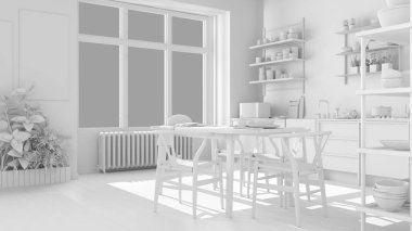 Köy mutfağı, ekolojik tasarım sürdürülebilir parke döşeme, yemek masası, sandalyeler, ahşap raflar, saksı bitkileri. Doğal geri dönüşümlü mimari kavramı