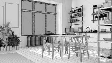 Bitmemiş proje, köy mutfağı, ekolojik tasarım, sürdürülebilir parke zemin, yemek masası, sandalyeler, ahşap raflar, saksı bitkileri. Doğal geri dönüşümlü mimari kavramı
