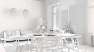 Köy oturma odası, çevre tasarımı, sürdürülebilir parke, yemek masası, sandalyeler, saksı bitkileri ve bambu tavanı. Doğal geri dönüşümlü mimari kavramı