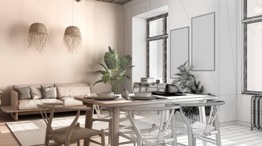 Mimari iç mimar konsepti: Bitmemiş proje gerçeğe dönüşüyor, ekolojik ülke oturma odası, sürdürülebilir parke, yemek masası, bambu tavan. Geri dönüşümlü mimari kavramı