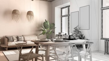 Mimari iç mimar konsepti: Bitmemiş proje gerçeğe dönüşüyor, ekolojik ülke oturma odası, sürdürülebilir parke, yemek masası, bambu tavan. Geri dönüşümlü mimari kavramı