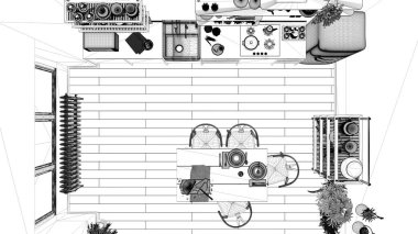 Kır mutfağı taslak projesi, ekolojik iç tasarım, sürdürülebilir parke, yemek masası ve ahşap raflar. Manzara, plan, yukarısı. Doğal geri dönüşümlü mimari kavramı