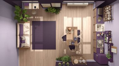 Kırsal yaşam, yemek odası ve mutfak, mor tonlarda eko iç tasarım, sürdürülebilir parke, kanepe ve masa. Manzara, plan, yukarısı. Doğal geri dönüşümlü mimari kavramı