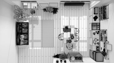 Mimari iç mimar konsepti: Bitmemiş proje gerçeğe dönüşüyor, oturma odası ve mutfak, ekolojik iç tasarım. Manzara, plan, yukarısı. Doğal geri dönüşümlü mimari kavramı