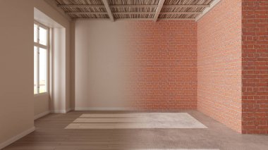 İç tasarım yenileme, önce ve sonra, onarım, duvar boyası, parke döşeme, bambu ahşap tavan, geliştirme adımları, kopyalama alanı olan ev yenileme konsepti