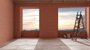 İnşaat halindeki yeni bir evin iç dekorasyonu, kırmızı tuğla duvarlar, beton döşeme, bambu ahşap tavan, mimari mühendisliği konsepti arka plan modeli.