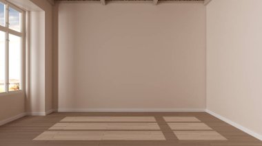 Boş oda iç tasarımı, beyaz duvarlı açık alan parke ahşap zemin ve bambu tavan, modern mimari, sabah ışığı, fotokopi alanı maketi