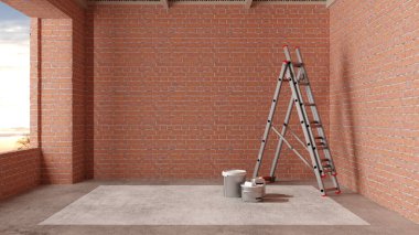 İnşaat halindeki yeni bir evin iç dekorasyonu, kırmızı tuğla duvarlar, beton döşeme, bambu ahşap tavan, mimari mühendisliği konsepti arka plan modeli.