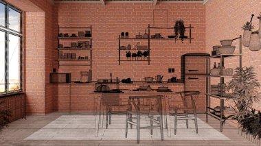 Ev yenileme, ev geliştirme konsepti, iç mimari tasarım, özel mimari tasarım projesi, siyah mürekkep çizimi, modern mutfağı gösteren plan.