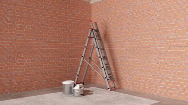 İnşaat halindeki yeni bir evin iç dekorasyonu, kırmızı tuğla duvarlar, beton döşeme, bambu ahşap tavan, mimari mühendisliği konsepti arka plan modeli.