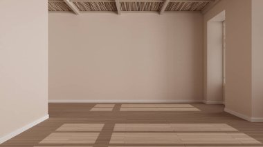 Boş oda iç tasarımı, beyaz duvarlı açık alan parke ahşap zemin ve bambu tavan, modern mimari, sabah ışığı, fotokopi alanı maketi