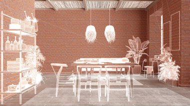 Ev yenileme, ev geliştirme konsepti, iç mimari tasarım, özel mimari tasarım projesi, beyaz mürekkep çizimi, modern yemek odasını gösteren plan.