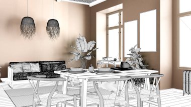 Proje taslağı, yemek masası, sandalye, kanepe, iç tasarım fikri parke zemini olan köy dairesi, modern mobilya fikri olan modern oturma odası taslağı.