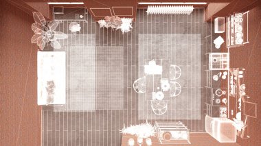 Ev yenileme, ev geliştirme konsepti, iç mimari yapım, özel tasarım projesi, beyaz çizim, oturma odasını gösteren plan, üst görünüm, plan, yukarıda