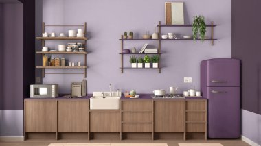 Köy mutfağı, mor tonlarda ekolojik tasarım sürdürülebilir parke, saksı bitkileri, otlar, ahşap raflar, mikrodalga fırın ve buzdolabı. Doğal geri dönüşümlü mimari kavramı