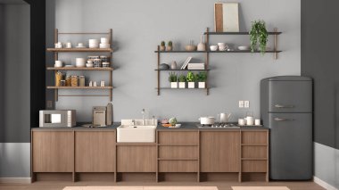 Köy mutfağı, gri tonlarda ekolojik tasarım sürdürülebilir parke, saksı bitkileri, otlar, ahşap raflar, mikrodalga fırın ve buzdolabı. Doğal geri dönüşümlü mimari kavramı