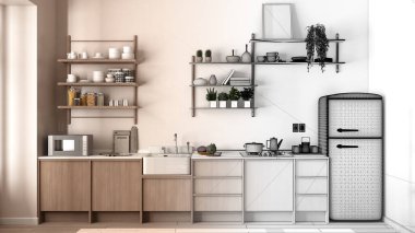 Mimari iç mimar konsepti: tamamlanmamış proje gerçeğe dönüşüyor, köy mutfağı, ekolojik iç tasarım, sürdürülebilir parke, ahşap raflar. Doğal geri dönüşümlü konsept