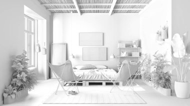 Kırsal yatak odası, eko iç tasarım, sürdürülebilir parke, yastıklı palet, koltuklar ve saksı bitkilerinden oluşan tamamen beyaz bir proje. Doğal geri dönüşümlü mimari kavramı