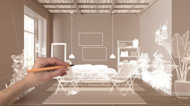 Beyaz duvarları ve parkesi olan boş modern iç mekan, CAD çizimi, beyaz mürekkep özel mimari tasarım projesi. Yatak odası, koltuk ve halı.