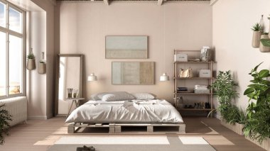 Kırsal yatak odası, bej rengi iç tasarım, sürdürülebilir parke döşeme, yastıklı palet yatak, halı ve saksı bitkileri. Doğal geri dönüşümlü mimari kavramı