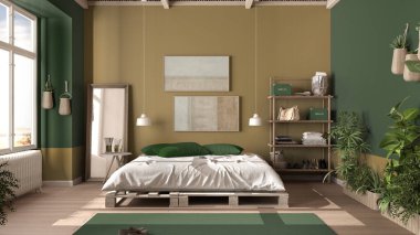 Kırsal yatak odası, yeşil tonlarda çevre tasarımı sürdürülebilir parke döşeme, yastıklı palet yatak, halı ve saksı bitkileri. Doğal geri dönüşümlü mimari kavramı