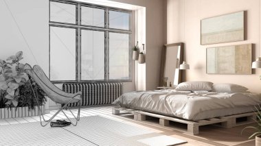 Mimari iç mimar konsepti: tamamlanmamış proje gerçeğe dönüşüyor, köy kırsal yatak odası, eko tasarım, sürdürülebilir parke, palet yatak, koltuk. Doğal geri dönüşümlü konsept