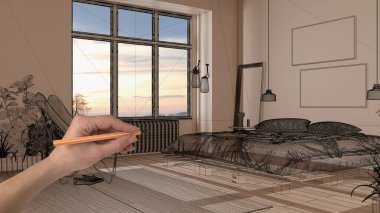 Beyaz duvarları ve parkesi, CAD çizimi, siyah mürekkep özel tasarım projesi olan boş modern iç tasarım kalemleri tutan ve çizen eller. Yatak odası, yastıklar ve halı.