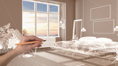 Beyaz duvarları ve parkesi olan boş modern iç mekan, CAD çizimi, beyaz mürekkep özel mimari tasarım projesi. Yatak odası, yastıklar ve halı.