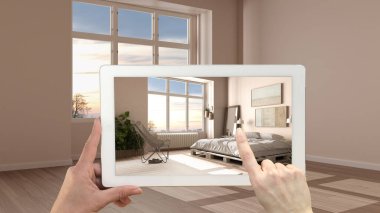 Gelişmiş gerçeklik kavramı. El ele tutuşma tableti ve AR uygulaması parke ile içi boş mobilya ve tasarım ürünleri canlandırmak için kullanılır, diy paletli kırsal yatak odası