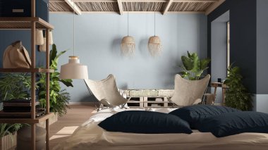 Kırsal yatak odası, mavi tonlarda eko iç tasarım, sürdürülebilir parke döşeme, yatak ve diy palet kanepe, koltuklar ve saksı bitkileri. Doğal geri dönüşümlü mimari kavramı