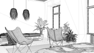 Kanepe, eko iç tasarımı, sürdürülebilir parke, diy palet kanepe, yatak, koltuklar, bitkiler olan kırsal ülke yatak odasının taslağı. Doğal geri dönüşümlü mimari kavramı